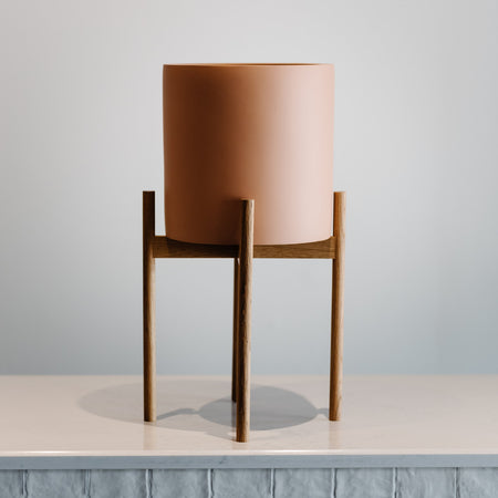 Salted caramel cylindrical planter in white oak stand, pot and stand sold together
