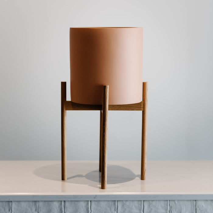 Salted caramel cylindrical planter in white oak stand, pot and stand sold together