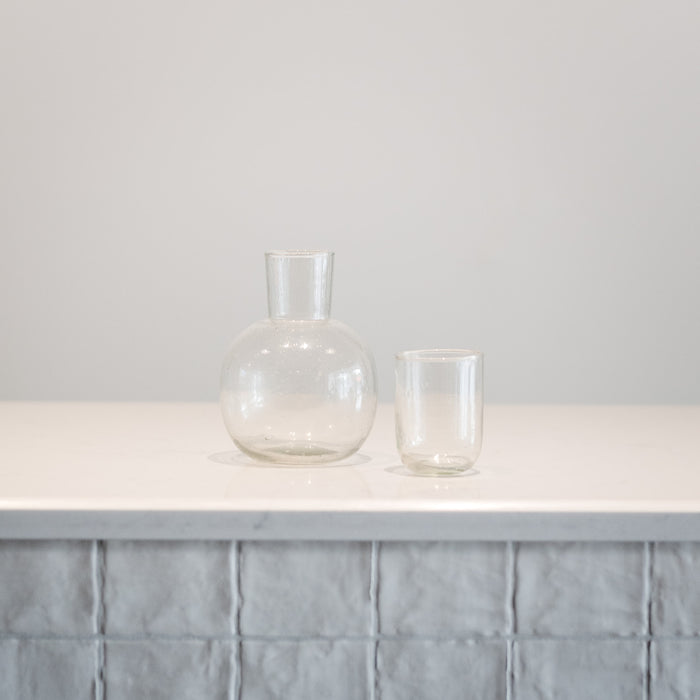 Clear hand blown carafe and glass